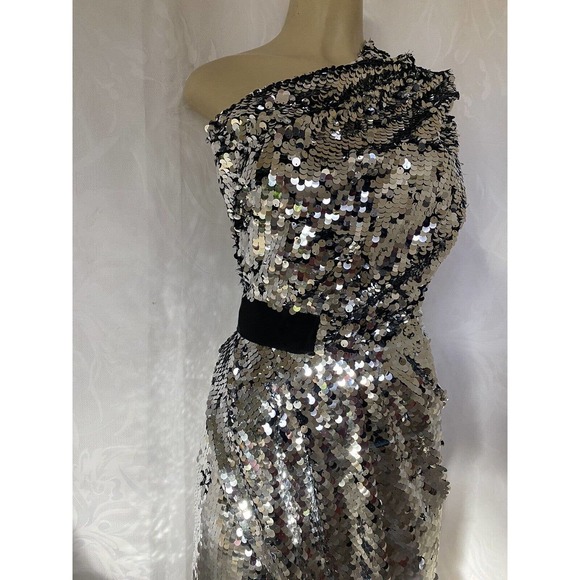 NWT Carven Sequin Dress One Shoulder Silver Metallic Asymmetric Sheath 3… - Picture 4 of 14